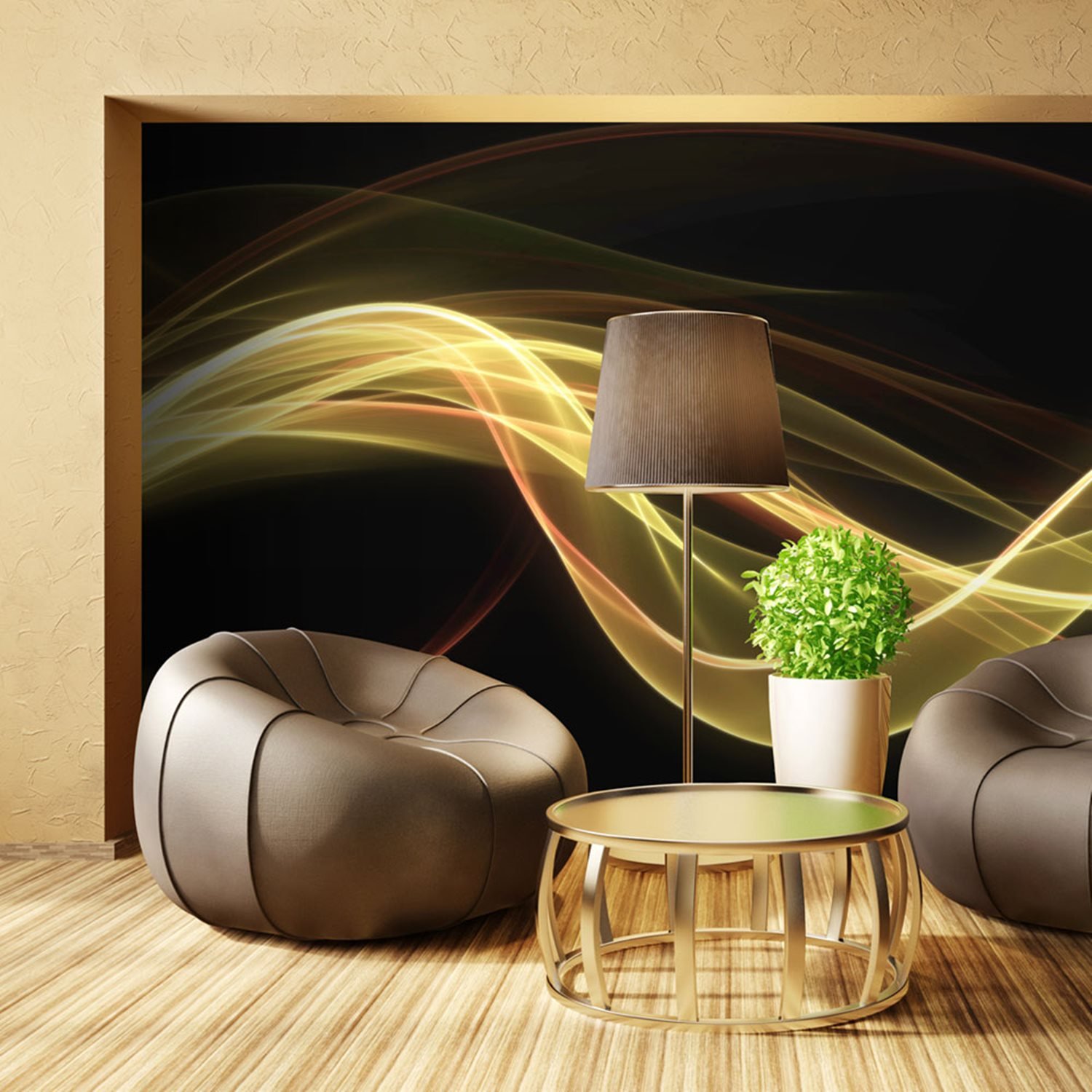PoliHome Φωτοταπετσαρία - Yellow wave form floating in dark 450x270