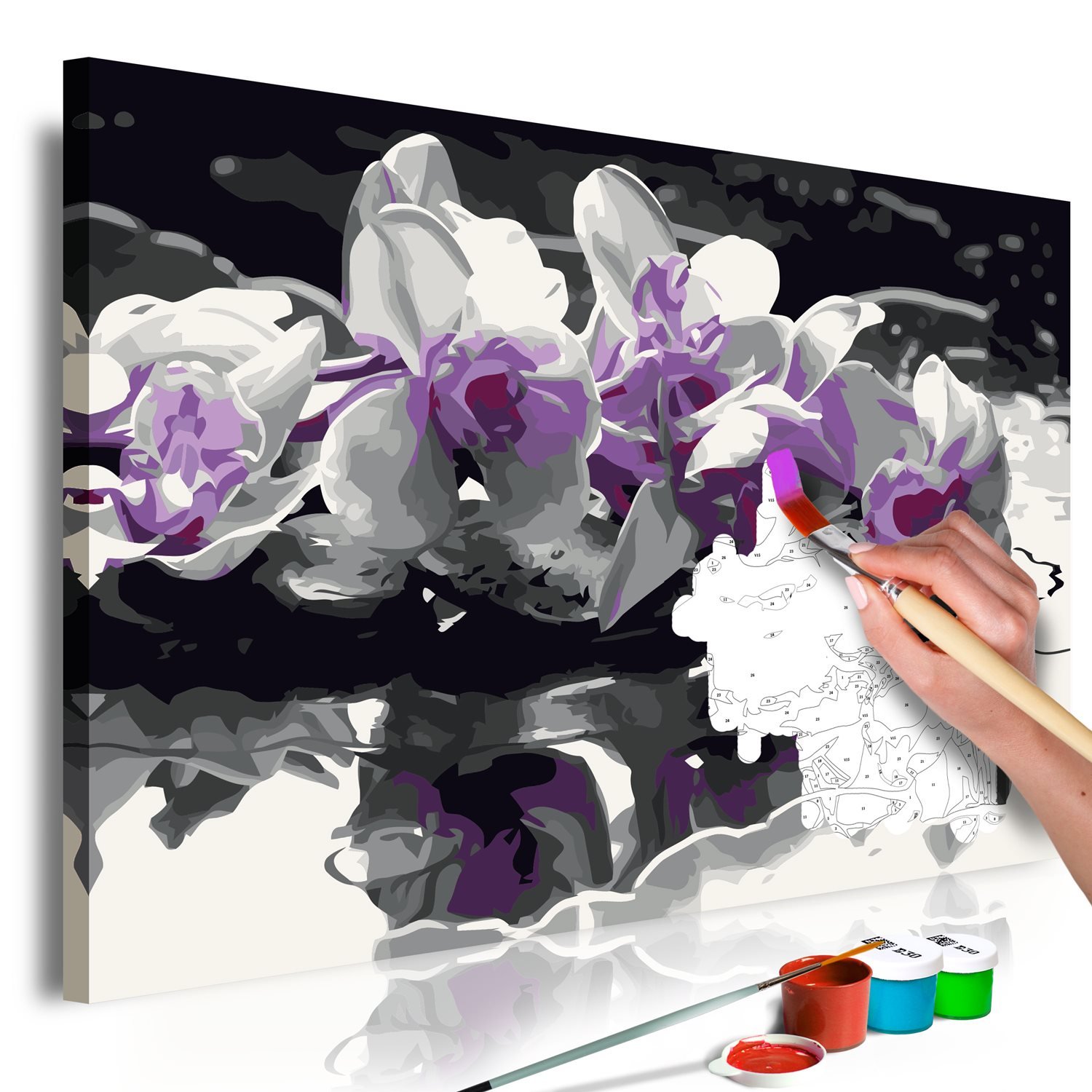 Πίνακας για να τον ζωγραφίζεις – Purple Orchid (Black Background Reflection In The Water) 60×40