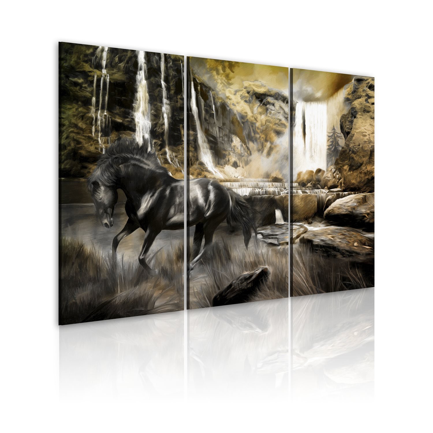PoliHome Πίνακας - Black horse and rocky waterfall 120x80