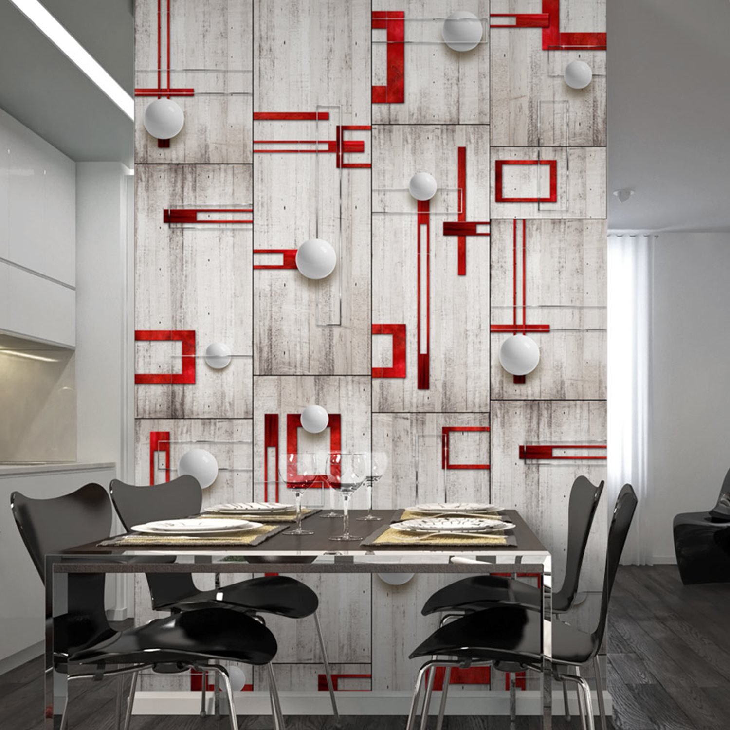 Φωτοταπετσαρία – Concrete, red frames and white knobs 50×1000