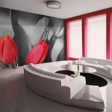 Wallpaper - Red tulips on black and white background