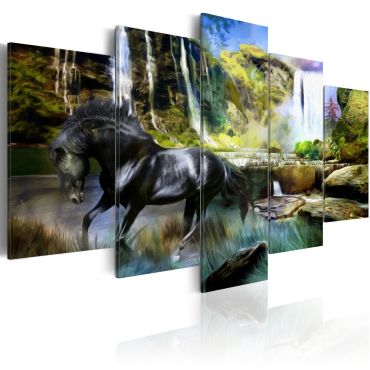 Πίνακας - Black horse on the background of paradise waterfall