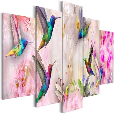 Canvas Print - Colourful Hummingbirds (5 Parts) Wide Pink