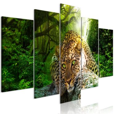Canvas Print - Leopard Lying (5 Parts) Wide Green