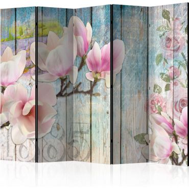 Διαχωριστικό με 5 τμήματα - Pink Flowers on Wood II [Room Dividers]