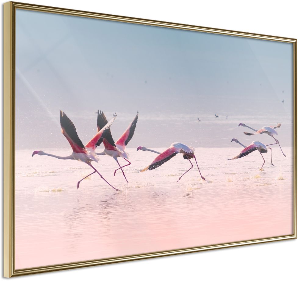 PoliHome Αφίσα - Flamingos Breaking into a Flight - 45x30 - Χρυσό - Χωρίς πασπαρτού