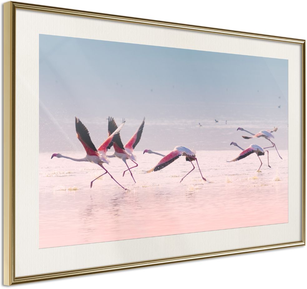 PoliHome Αφίσα - Flamingos Breaking into a Flight - 45x30 - Χρυσό - Με πασπαρτού