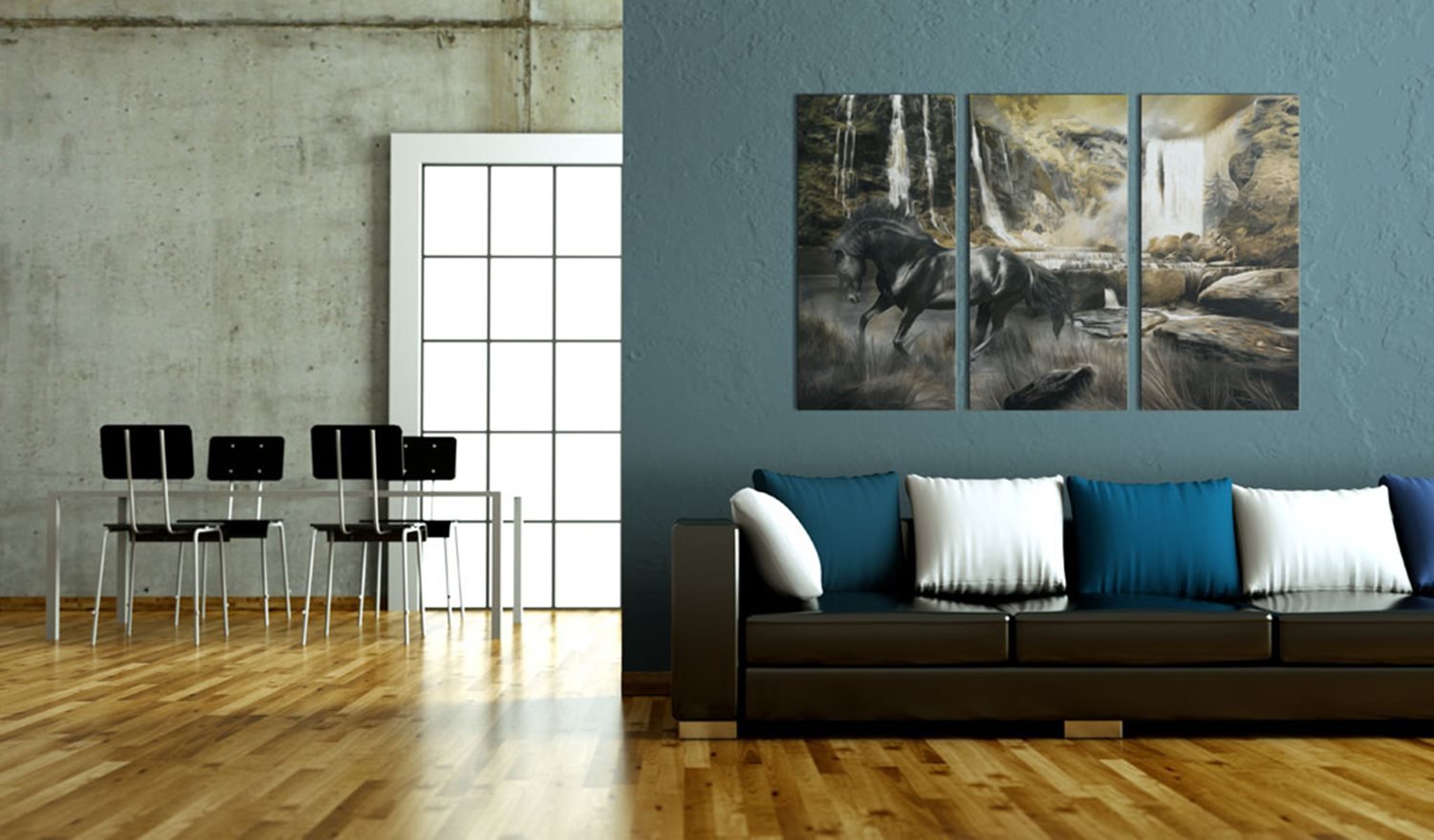 Πίνακας - Black horse and rocky waterfall 120x80 φωτογραφία